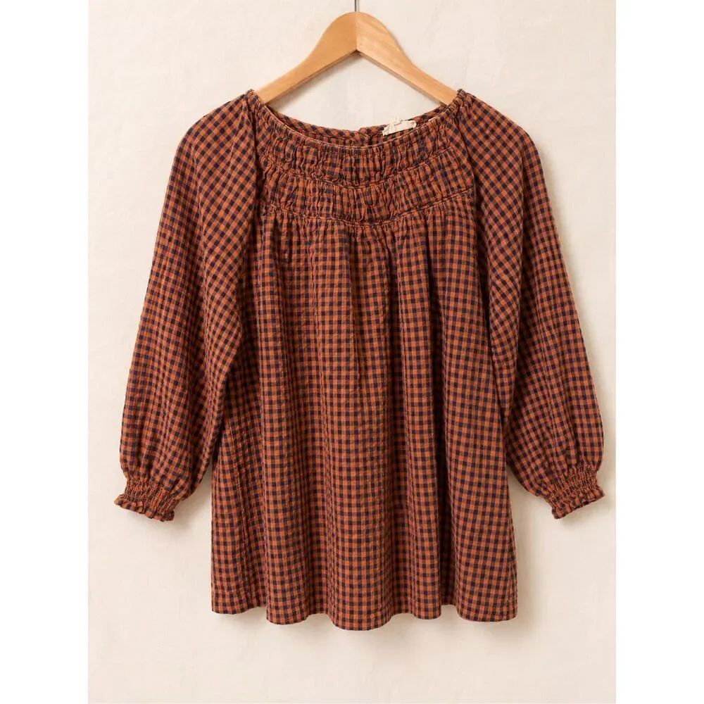 FatFace Gingham Peasant Blouse Womens US 12 Orange Navy Smocked Cotton Top